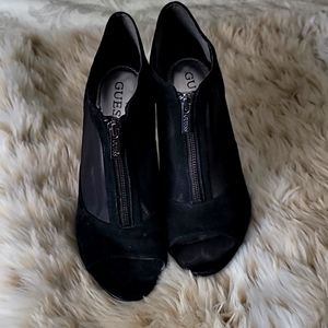 GUESS suede and mesh open toe zippered heels